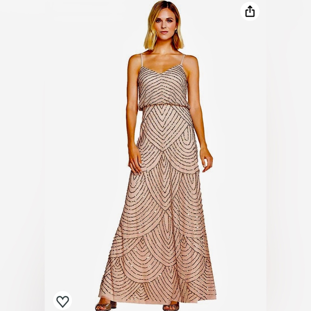 Adrianna Papell Pink/Taupe Sheer Beaded Floor-Length Gown